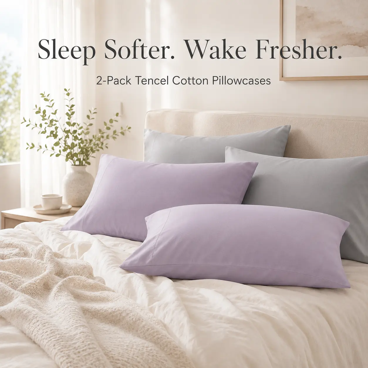 GEECO Cooling Pillowcases 2-Pack, Silky Soft Rayon Blend Cooling Bedding Pillow Cases for Hair and Skin, Cool-Touch Breathable Set with Envelope Closure, Queen/King Size Options, Gray/Light Lavender