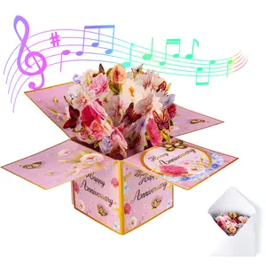 Mother's Day gift Musical Flower Card / 3D Pop-Up Butterfly Flower Bouquet Greeting Card for Women - Singing Birthday/anniversaryPop Up Card with Dancing Lights Music 3D Happy Birthday Gifts for Women, Wife, Mom, Grandmother Pastel Color