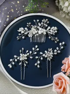 Faux Pearl & Rhinestone Decorated Hair Comb & Hair Pin Set, Elegant Flower Design Hair Accessories for Wedding Bridal Party Formal Occasions