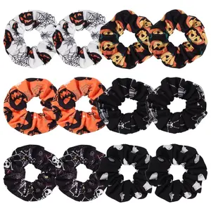 12PCS Halloween Hair Scrunchies Soft Fall Pumpkin Skull Ghosts Bat Spider Web Hair Ties Scrunchy Elastics Hair Bands Gift braided  headband