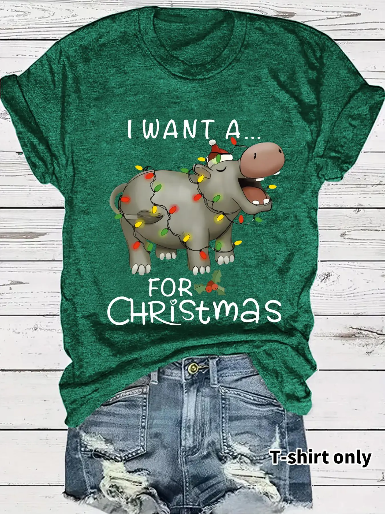 Women's Letter & Hippo Print Round Neck Tee, Casual Short Sleeve Crew Neck T-shirt for Summer, Fashion Women's Top for Christmas