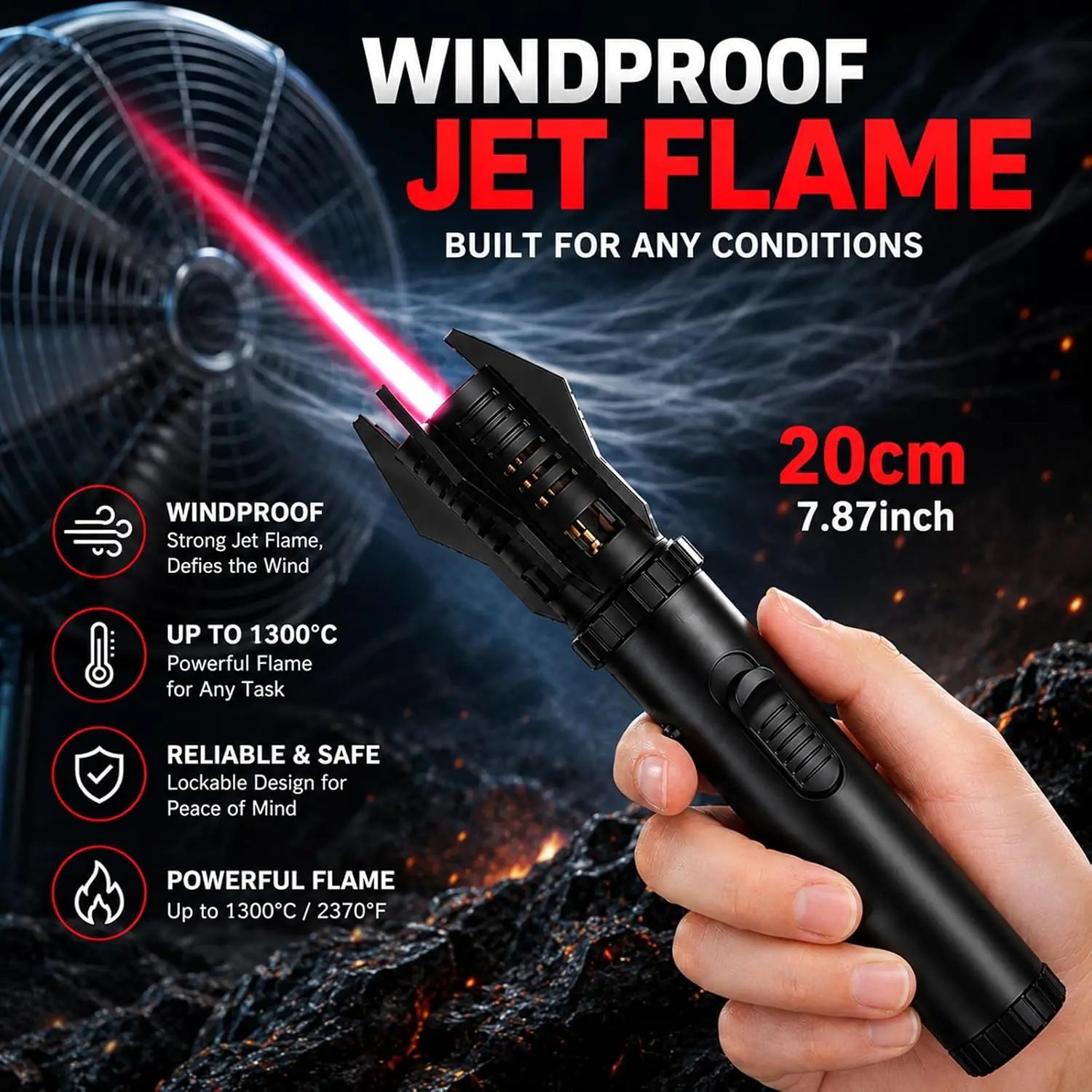 Unisex Handheld Grip Rechargeable Black Direct Red Flame Lighter (No Butane) - High-Temperature, Windproof, Adjustable Flame, Safety Lock, Functional Survival Gear for Camping, Cooking, Jewelry Processing
