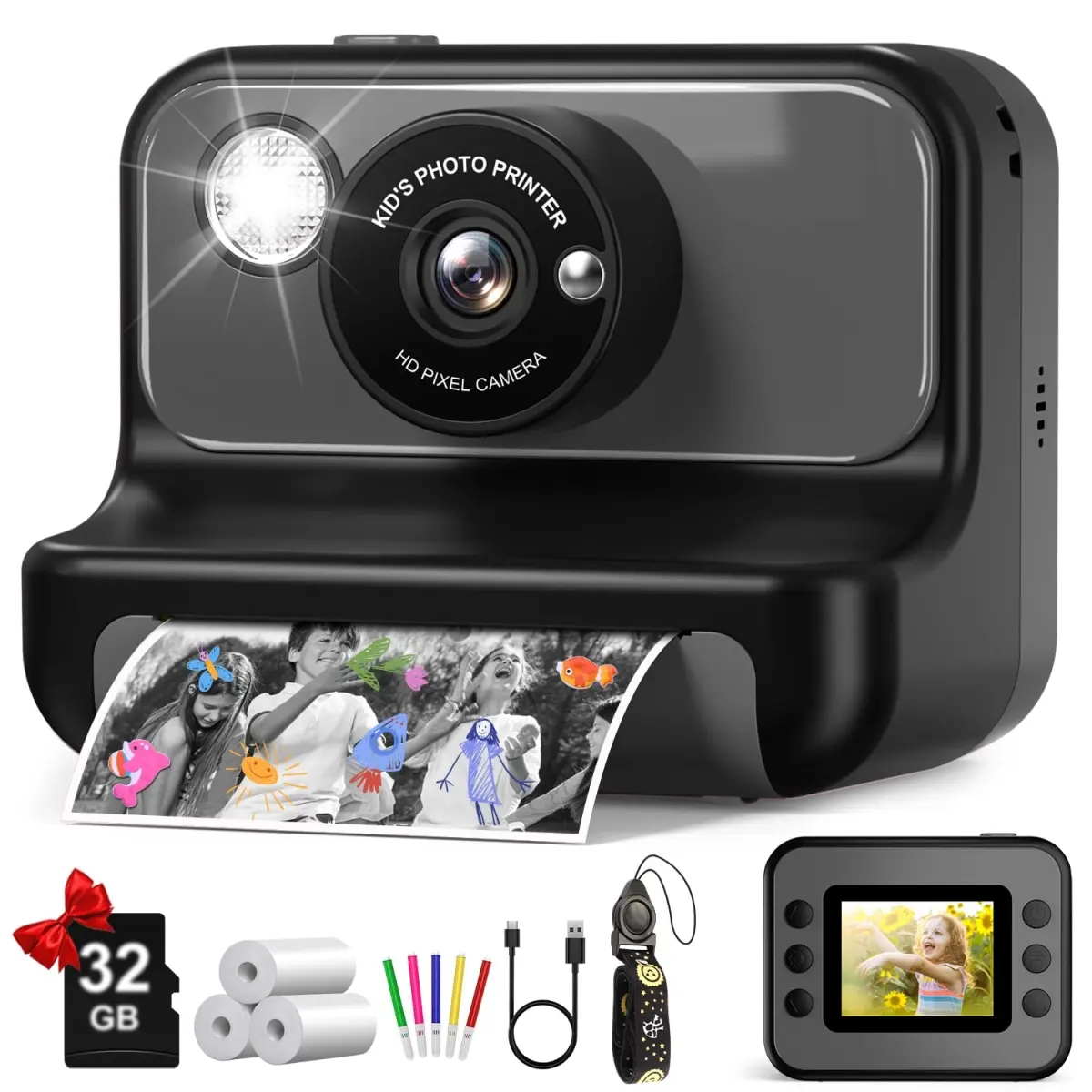 Asonic NT86745 Kids Camera Instant Print, 1080P HD Video Digital Camera, Black