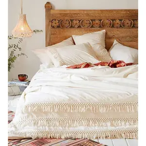 White Duvet Cover Fringed Cotton Tassel Duvet Cover Quilt Cover Twin, 68" Wx 90" L