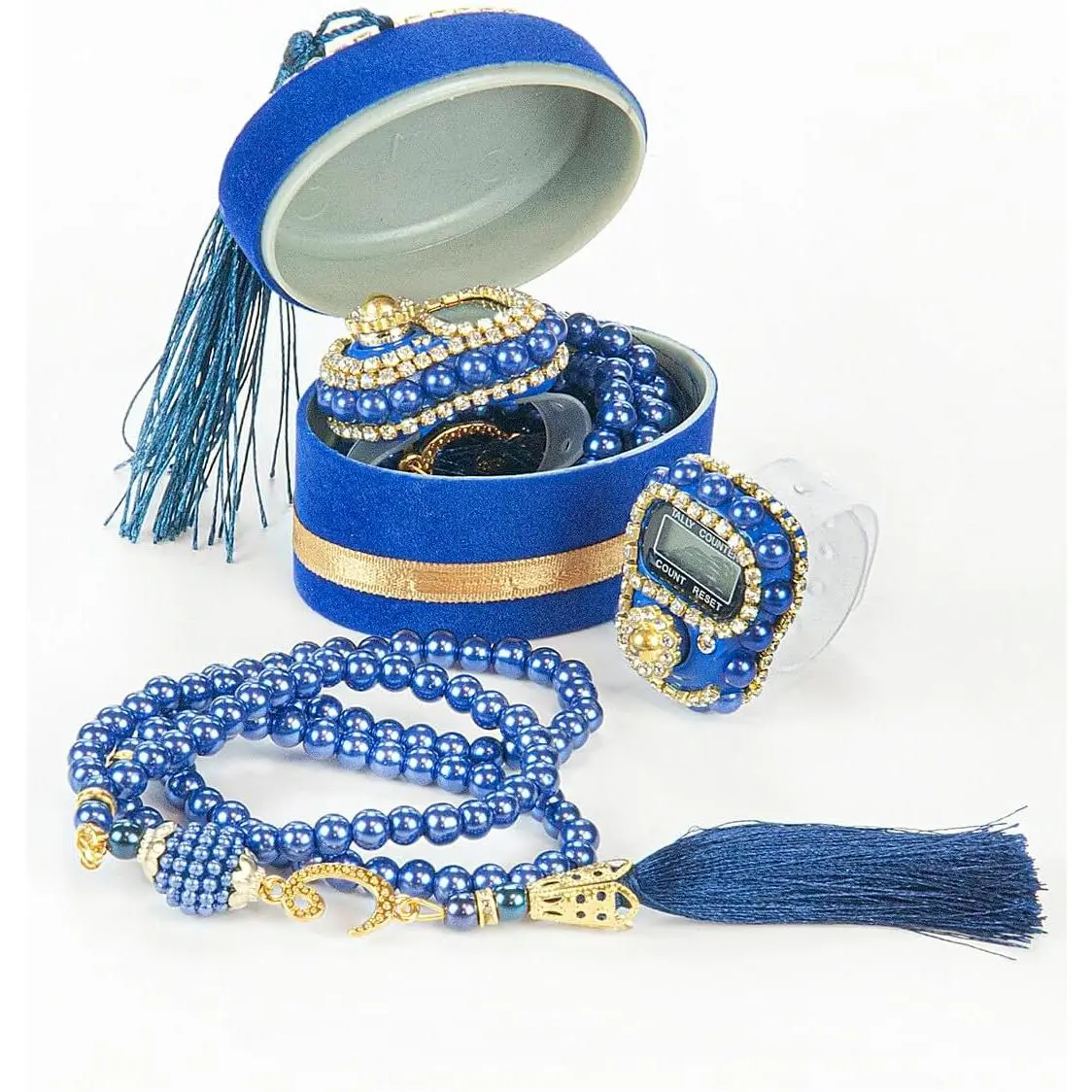 Velvet Box with Islamic Finger Counter & Prayer Beads | Portable Digital Prayer Tasbeeh | Pearl Zikirmatic Beads | Ramadan & Eid Gift (Navy)