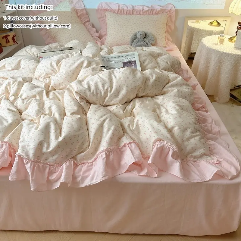 King Size Comforter Set, 3 PCS cherry Comforter cover Set with ruffles Pattern, including 1 ruffled duvet cover and 2pcs pillow shams Soft All Season King Bedding Set(102"X90"), Bedroom Bedding Set Duvet Cover Sets Bed Covers