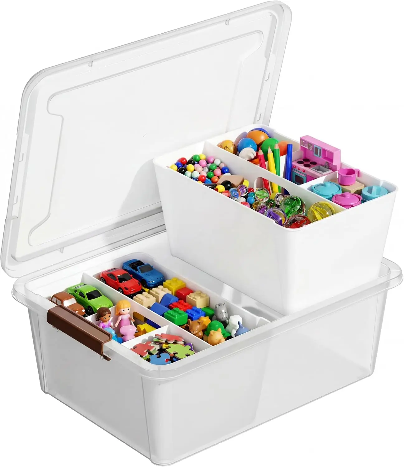 17QT Craft Box with 2 Removable Trays, Clear Stackable Organizer with Lid for Art Supplies, Beads, Sewing, Pens & Kids Toys (White, 1Pack-2-in-1)