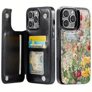 Creative Art Flower Style Pattern Leather Card Holder Phone Case, Suitable for iPhone 17 Air/16 Plus/15 Pro Max/14 Pro/13/12/11/XS Max/X Phone Case, Ideal Gift for Thanksgiving and Christmas for Family, Friends, Lovers, Boyfriend, Girlfriend