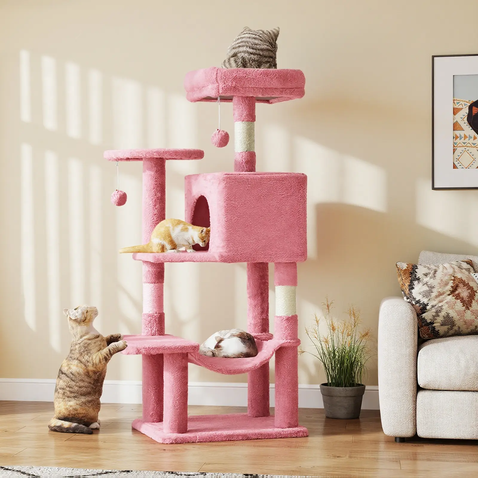44 Inch Multi-Level Cat Tree Tower for Indoor Cats, Plush Cat Activity Center with Natural Sisal Scratching Posts, Extended Perch, Spacious Condo, Soft Hammock & Hanging Teaser Toys, Sturdy Cat Climbing Stand for Kittens & Adult Cats, Pink