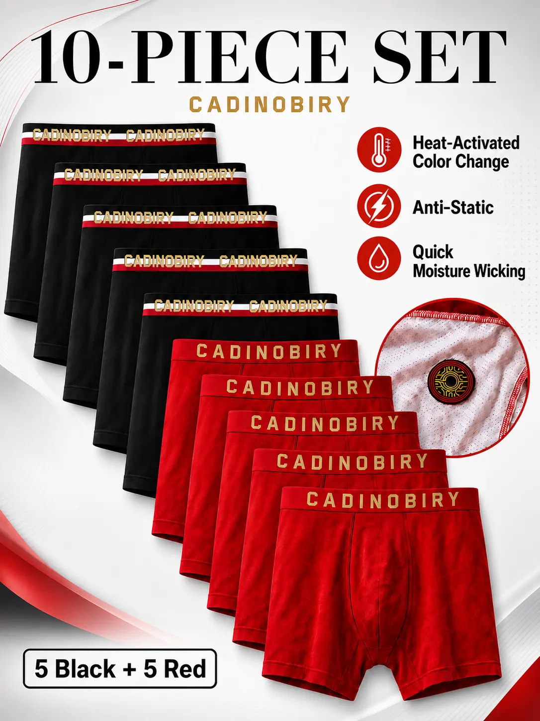 [10 Pack] Men's Boxer Briefs, 5 Black + 5 Red, Heat-Activated Color Change Underwear, Moisture-Wicking Anti-Static Stretch Trunks with Supportive Pouch for Daily Wear, Workout & Travel