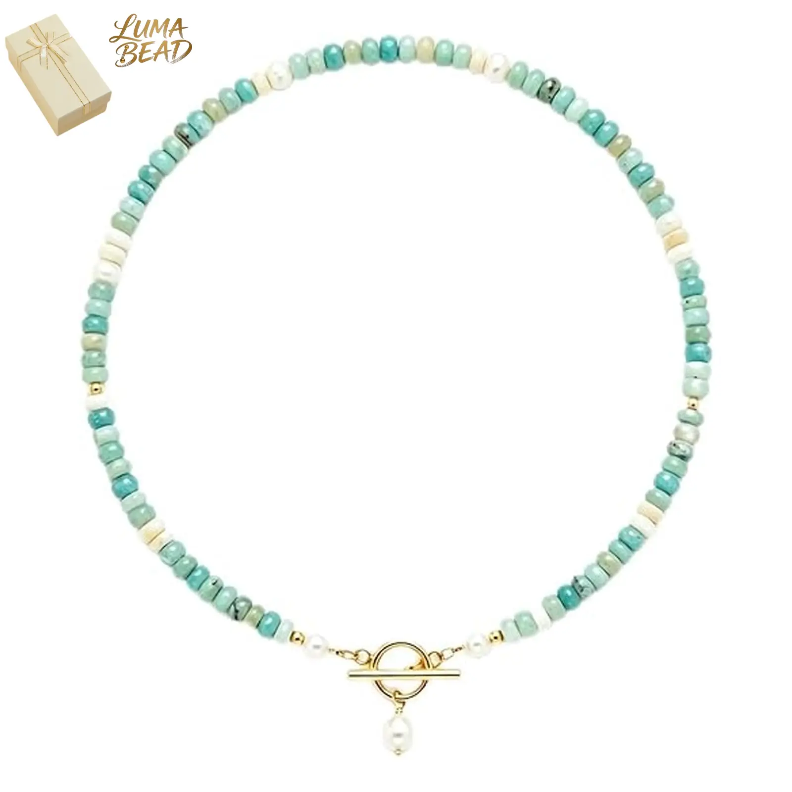 Women’s Handmade Simulated Turquoise Beaded Choker - Boho Coastal Necklace with Pearl Pendant, Gold-Tone Toggle Clasp, Fashion Neck Jewelry for Beach Trips, Mother’s Day Meaningful Gift, Birthday Present, Meaningful Gifts, Mother’s Day Gift