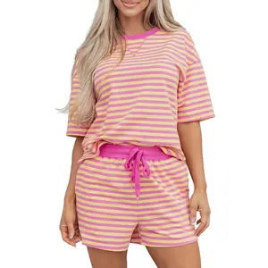 Women's 2-Piece Rose Stripe Terry Short Set, Drop-Shoulder Boxy Casual Top & Shorts Ensemble