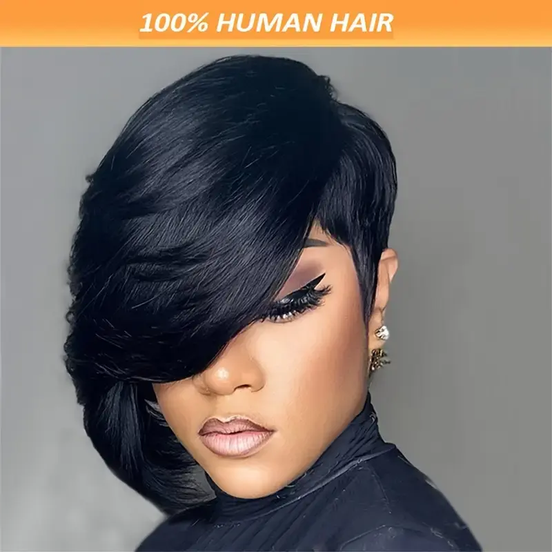 Elegant 8-Inch Straight Human Hair, Pixie Cut Wig with Long Bangs for Women - 180% Density, Black