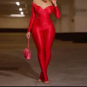 Cherry Baddie Set - Red Spandex Overalls with Long Sleeves, Comfortable Design for Women