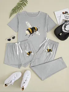 Women's Bee Print Pajama Set, Casual Fitted Sleepwear, All-Season Comfortable Nightwear, Three-Piece Suit for Women