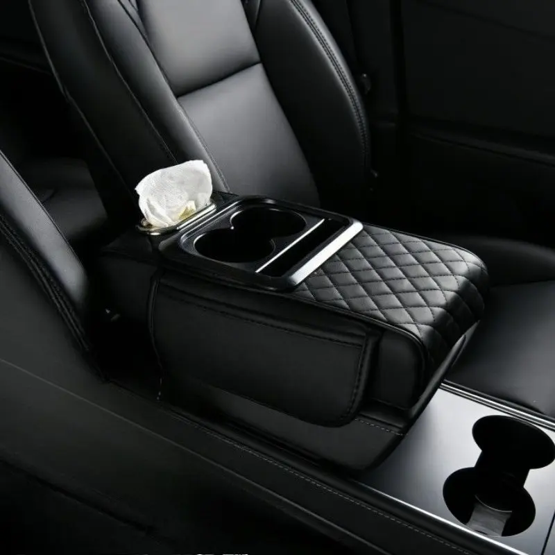 Universal Memory Foam Car Armrest Cushion with Cup Holder and Phone Stand, PU Leather Elbow Support, Dual Storage Compartments, Car Interior Storage
