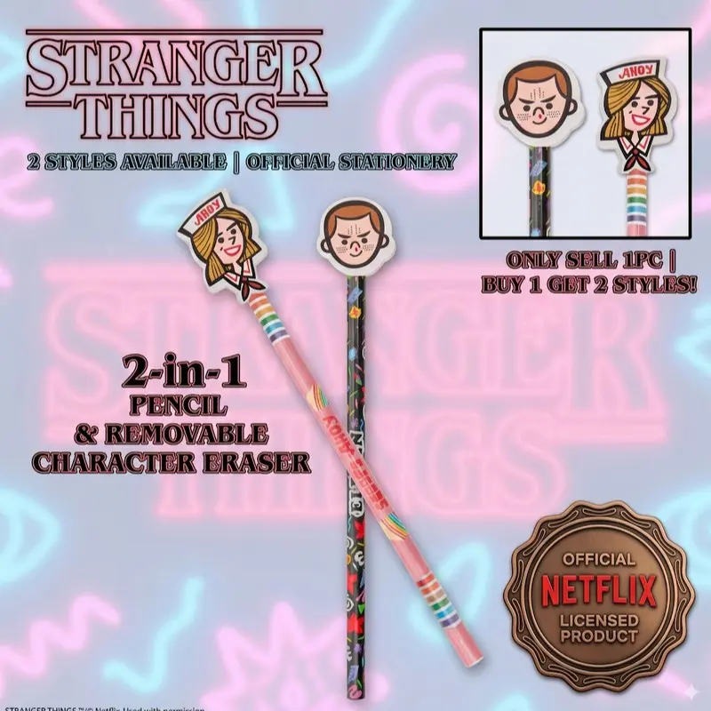 1/2PCS Official Netflix Stranger Things Pencil Set With Eraser, Includes Eraser Topper, Eleven & Robin Designs, Perfect Fan Gift, Ideal Back-To-School Item