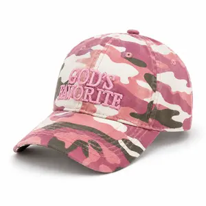 Unisex Pink Camo Washed Cotton Baseball Cap - God's Favorite 3D Embroidered, Sun Protection Christian Graphic Hat, Faith-Based Graphic Hat, Christian Graphic Hats, Faith-Based Graphic Hats