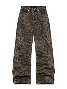Vesper Denim Men's American Retro Leopard Print Jeans - High Street Wide Leg Straight Denim Pants, Vintage Washed Y2K Streetwear Casual Trousers
