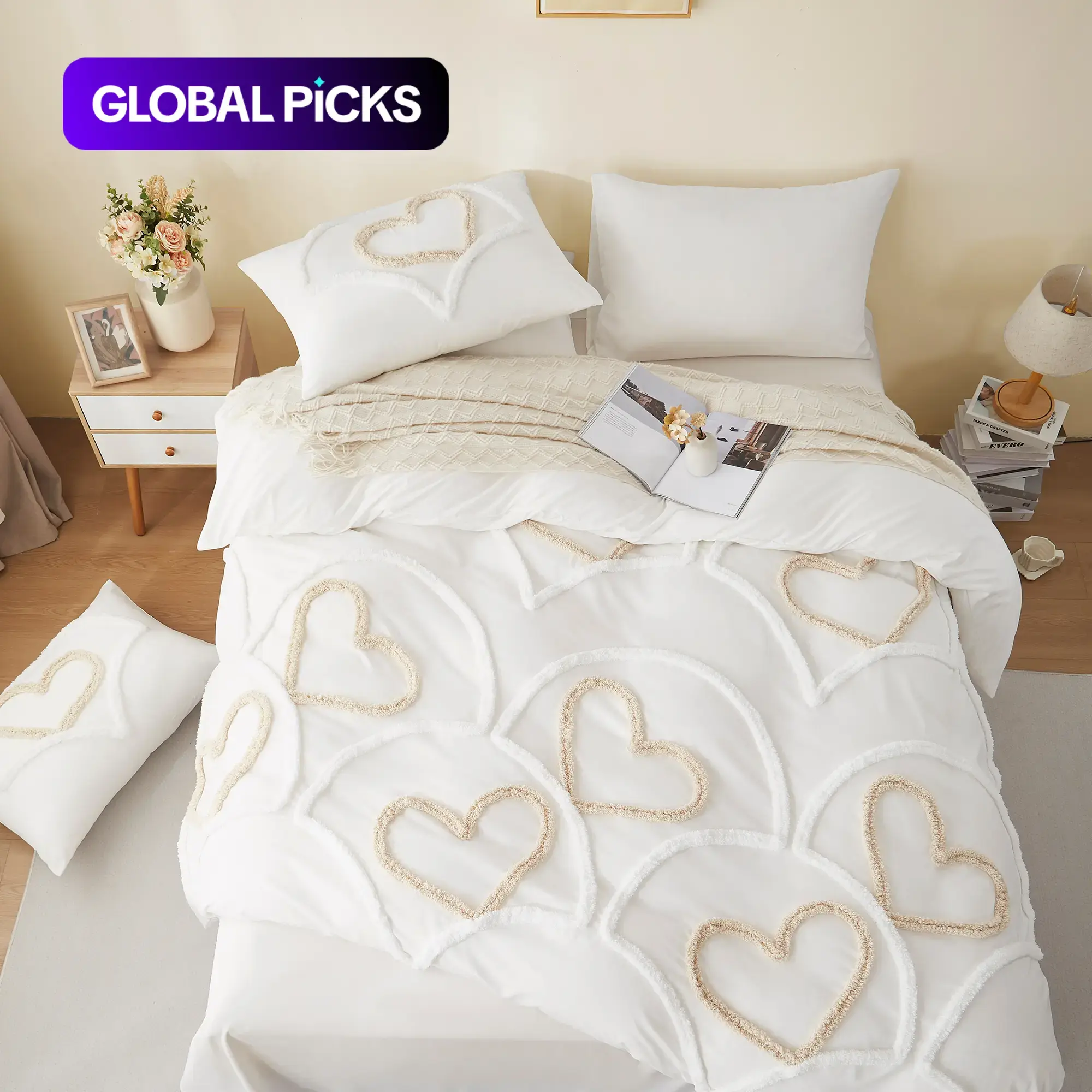Love Pattern Decorative Microfiber Duvet Cover Set, Boho Style Tufted Bedding Set with Zipper Closure, Including 1 Duvet Cover & 1/2 Pillowcases without Filler, Soft Comfortable Set for Home Bedroom #GLOBAL PICKS