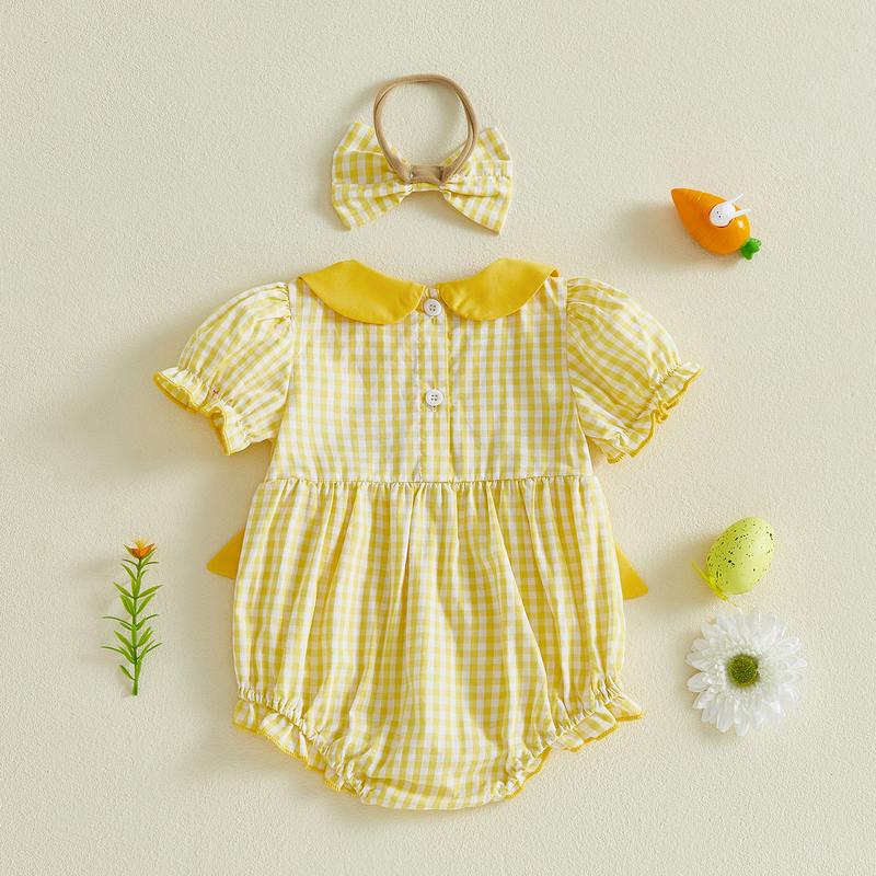 Baby Girl Easter Outfits Short Sleeve Chick Embroidery Romper with Headband Set Newborn Clothes