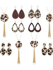 Trendy 16 Pcs Leopard Print Pattern Earrings Necklaces Alloy Stainless Steel Jewelry Set for Women Men Statement Leopard Jewelry Set Leopard Tassel Pendant Long Necklaces Leopard Teardrop Drop Dangle Earrings Jewelry Gift