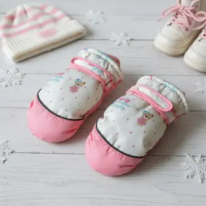 Baby Girl's Polka Dot Bear Print Winter Mittens, Warm Insulated Hook & Loop Closure Gloves, Cute Waterproof Snow Gloves for Infant Toddler Outdoor & Daily Wear