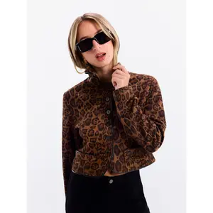 Cider Suede Leopard Peter Pan Collar Button Crop Jacket
