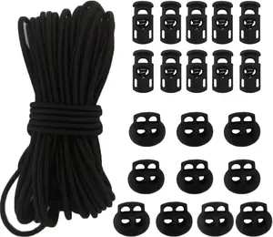 20Pcs Plastic Cord Locks with 1/8-Inch 50Ft Elastic Cord Heavy Stretch round String, 10Pcs Sing-Hole, 10Pcs Double-Hole Spring Toggle Stopper Slider Black (3Mm-Black) Joycoco
