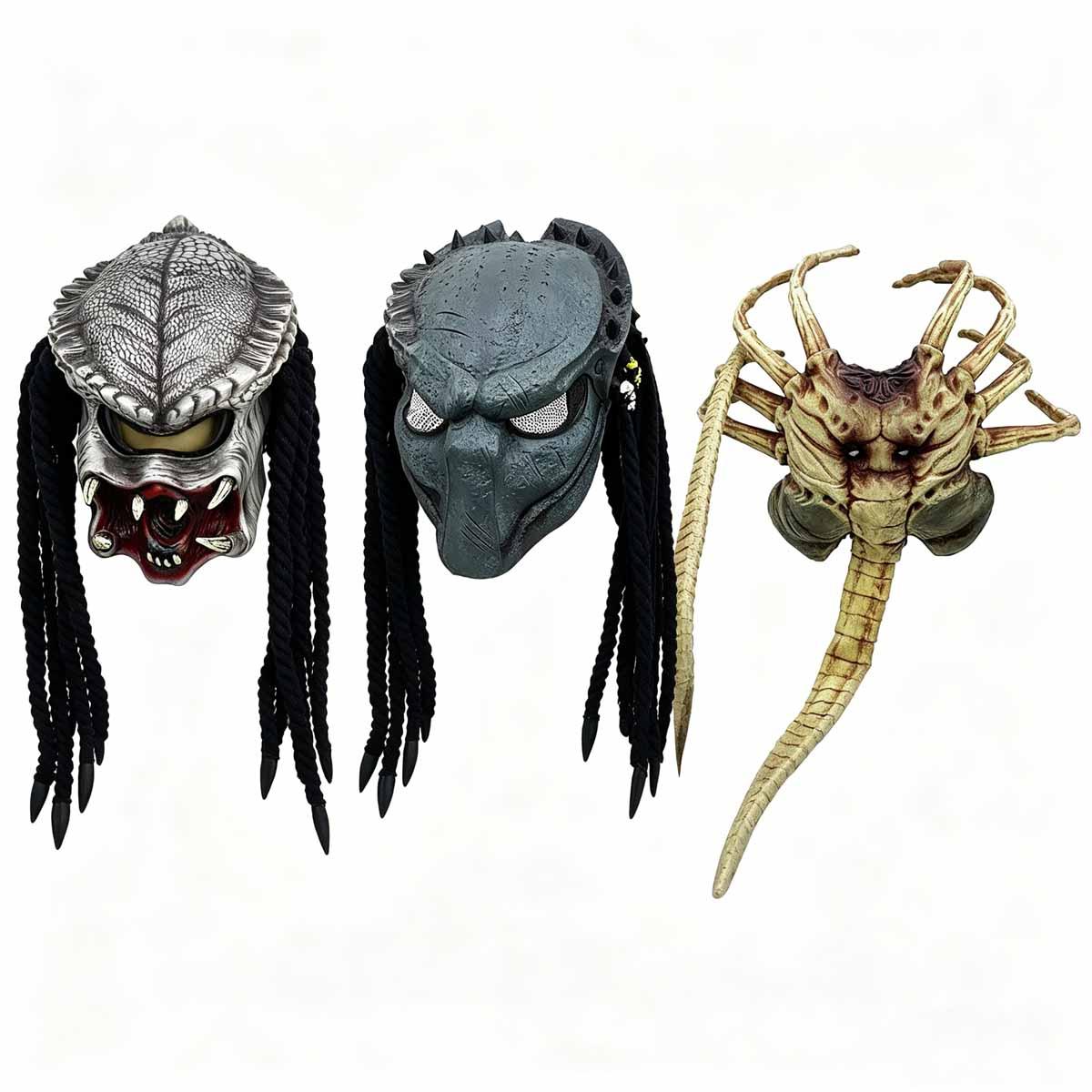 alien v Predator alien latex mask set, 3 unique AVP movie reproductions, realistic and fierce details, suitable for science fiction horror enthusiasts and cosplayers, Halloween haunted house movie theme party props for role-playing