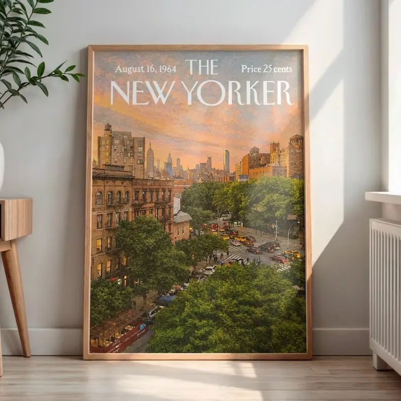 Vintage New Yorker Poster, Retro NYC Brownstone Sunset Street Print, Manhattan Upper West Side Wall Art, Mid-Century Magazine Cover