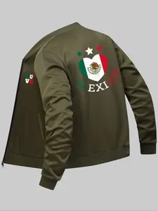 Men's Mexico Flag & Heart Print Zip Up Baseball Collar Jacket, Regular Fit Casual Long Sleeve Pocket Outerwear for Daily Wear, Fashion Men's Clothes for All Seasons