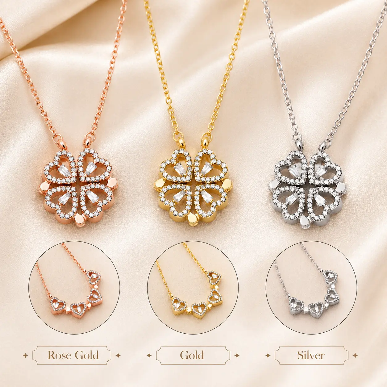 2-in-1 Convertible Clover Heart Necklace for Women – with Sparkling Stones, Adjustable Chain, Gold Silver or Rose Gold