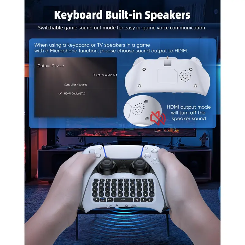MENEEA Ergonomic Plastic Wireless Video Game Controller Full Game Keyboard for PS5 - Bluetooth 3.0 Mini Size, Built-in Speaker, 3.5MM Audio Jack, Separate Charging for Voice Chat, No Additional Software Needed, PS5 Accessories
