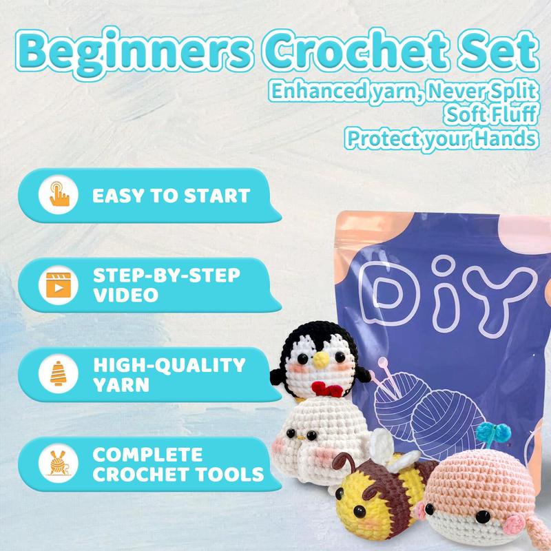 4 PCS Animals Crochet Set with Step-by-Step Video Tutorials, Penguin, Bee, Chicken, Whale, Crochet Set for Beginners, Crochet Animal Kit For Beginners Include Videos Tutorials,Yarn,Seam Markers,And Instructions,(Random Color）, Crochet Items