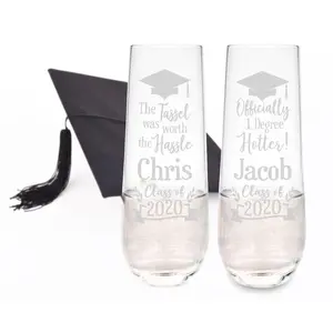 One Personalized Etched Graduation Party Favors 2020 College Decoration Gifts for The Graduate Tassel Stemless Champagne Flute for Women Men