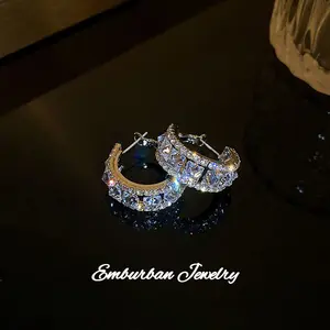 Emburban Plated Crystal Hoop Earrings for Women Lightweight C Shaped Zirconia 1.02 Inches Diameter Fashion Jewelry for Summer Christmas gifts /New year gifts