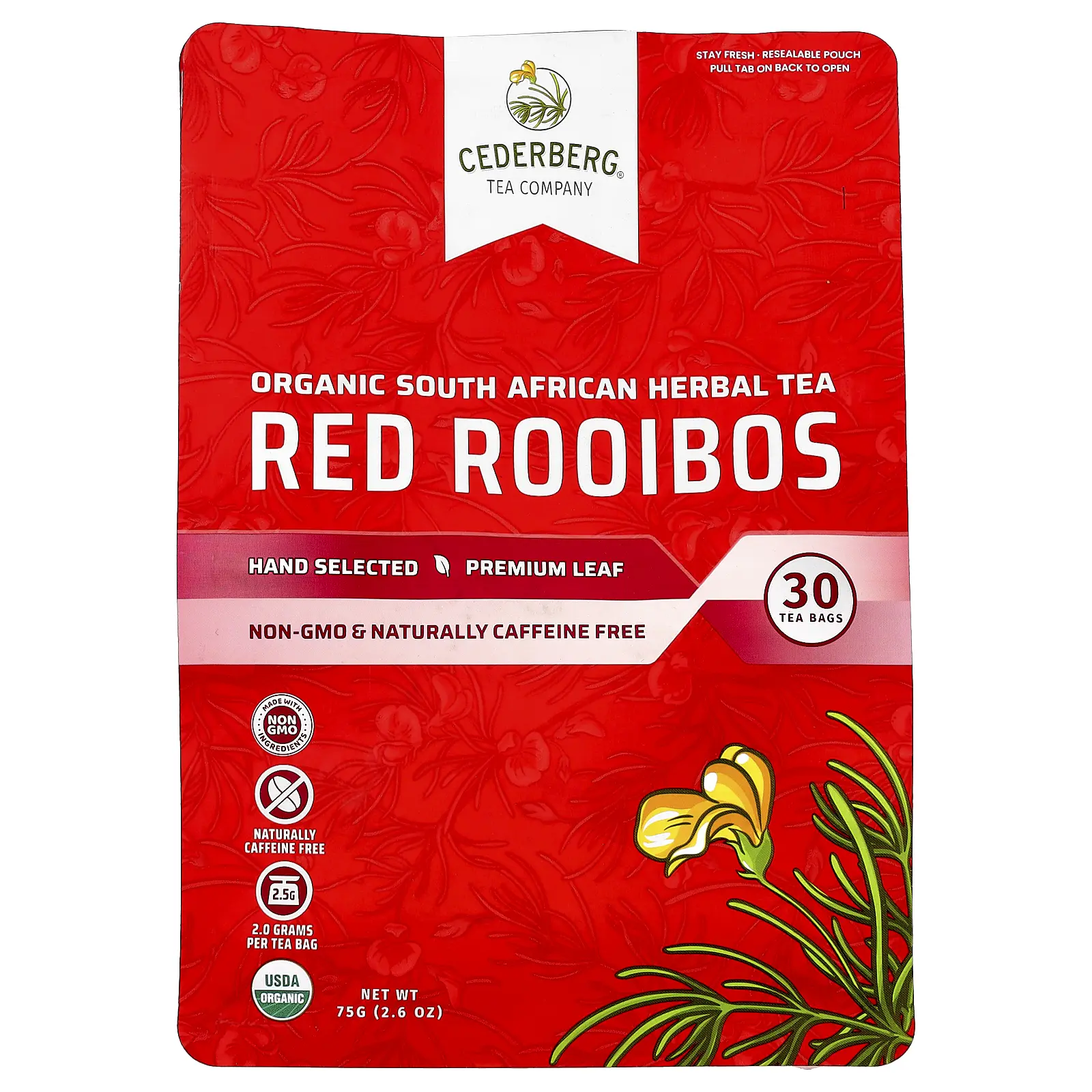 Cederberg Tea Co Organic South African Herbal Tea, Red Rooibos, Caffeine Free, 30 Tea Bags, 2.6 oz (75 g)