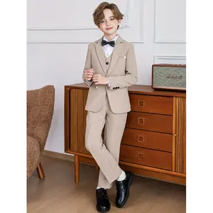 4pcs Set Boys' British Gentleman Suit Jacket + Vest + Pants + Bow Tie for Children, First Birthday Flower Boy, Wedding Attire, Piano Performance Host Outfit