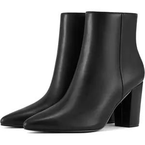 Women's Pointed Toe Ankle Boots Chunky High Heel Ankle Booties Side Zipper Short Boots