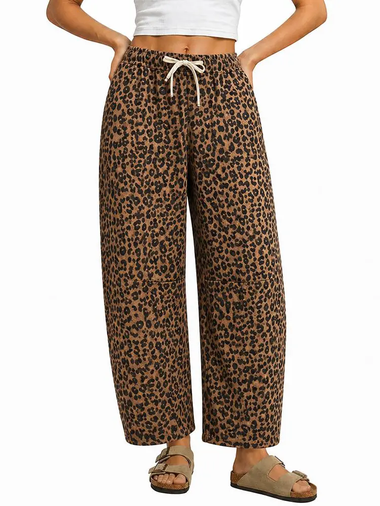 Women's 100% Cotton Leopard Print High Waist Drawstring Barrel Leg Ankle Length Wide Leg Denim Jeans Casual Loose Pants Soft Bottom Style Elastic Womenswear