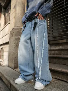 Men's American Casual Light Wash Blue Loose Straight Jeans, Y2K Street Style, Drop Crotch Design, All Seasons, Zipper Fly, Loose Fit