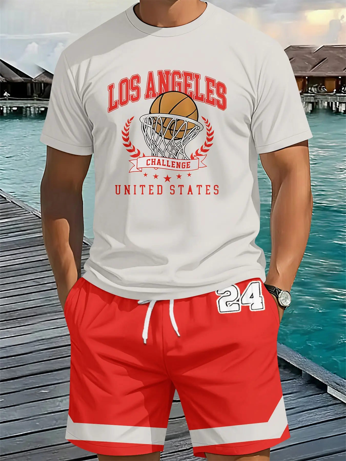 Los Angeles Basketball Challenge Men's 3D Digital Printing Two-Piece Set, 2Pcs, Trendy and Fashionable Set, Trendy Retro Casual Two-Piece Set, Vacation Style Trendy Outfit, Breathable Sports and Casual Style, a Perfect Holiday Gift for Men