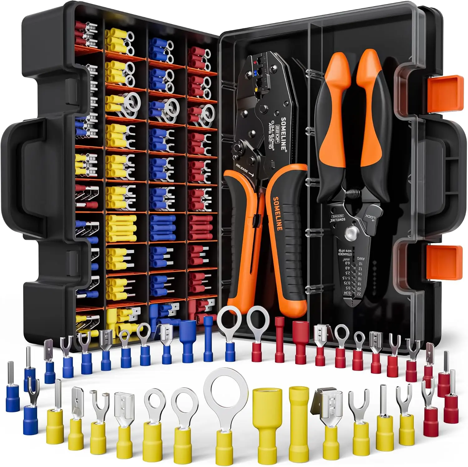 Wire Terminals Crimping Tool, with 45 Sizes Insulated Ratcheting Terminals Crimper Kit of AWG 22-10 Insulated Electrical Butt Bullet Spade Fork Ring Spade Splice Crimp Terminals