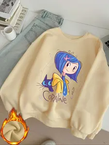 Coraline Letter Cartoon Print Round Neck Sweatshirt, Casual Wear Vintage Washed Cotton Long Sleeve Pullover, Fall & Winter Womenswear Women's Fitted Hoodie, Tops