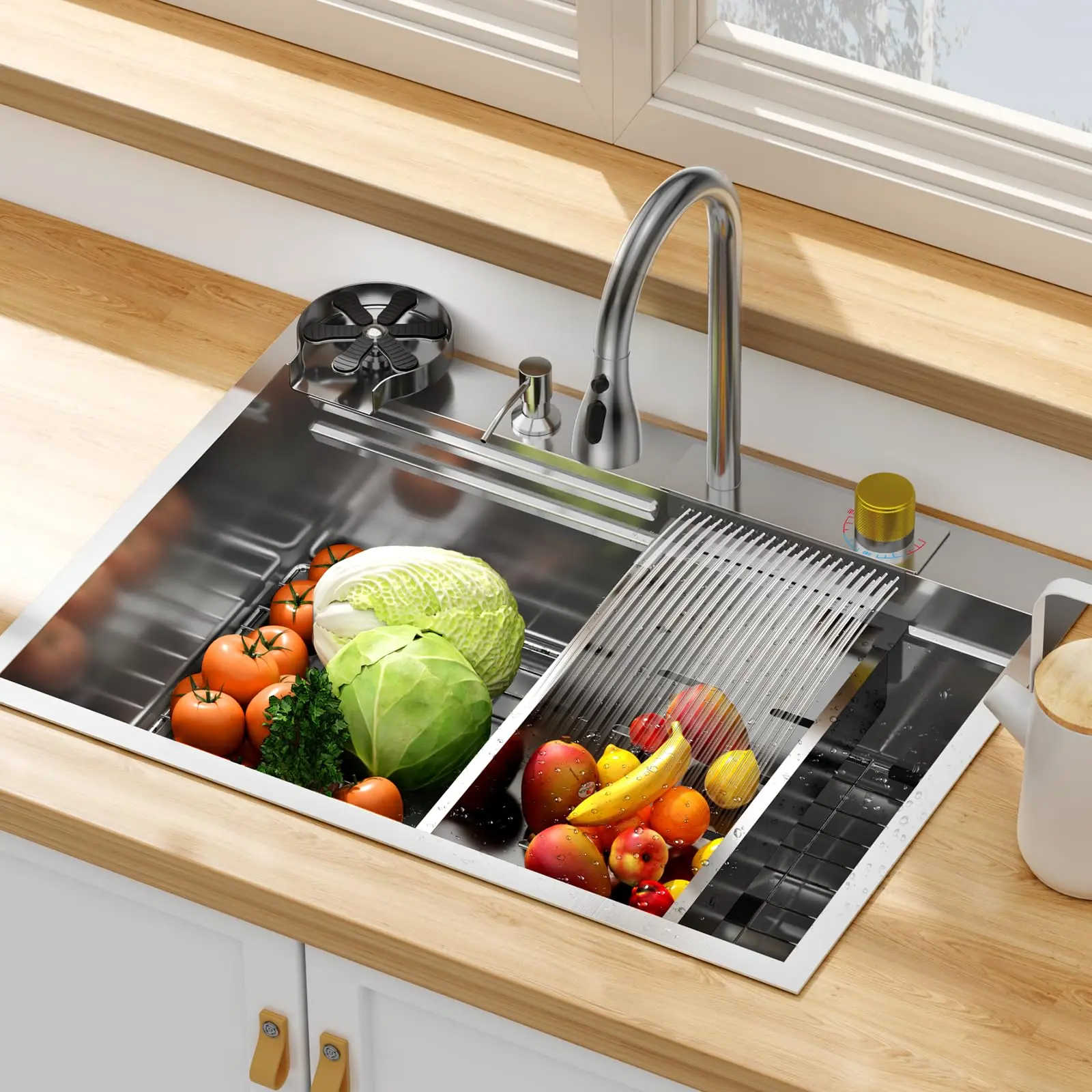【GARVEE】30 Inch Brushed Nickel Waterfall Kitchen Sink Set - 304 Stainless Steel, Single Bowl, Multifunctional, Heavy-duty, Ultra-large Capacity, Standard Size, Family and Bar Sinks