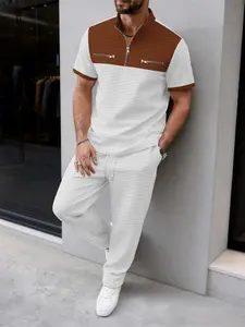 Men's Business Casual Sport Elegant Waffle Knit Colorblock Zipper Stand Collar Short Sleeve Long Pants Set