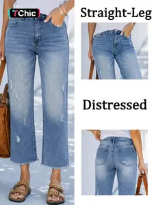 Women's Elastic Ripped Straight Leg Jeans Pants, Everyday Casual Loose-Fitting Denim Fabric for All Seasons, Washable Daily Wear