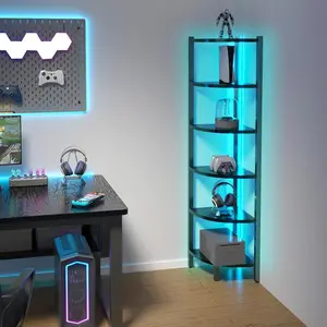 6-Tier Corner Shelf with LED Lights 66'' Corner Bookshelf Organizer Steel Frame Display Stand for Living Room Bedroom Study Black