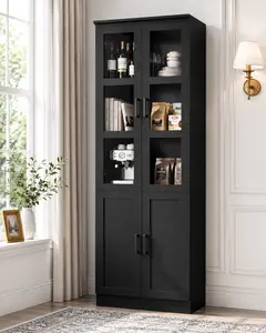 Homieasy Elegant Kitchen Pantry Storage Cabinet, Tall Storage Cabinet, Freestanding Kitchen Hutch Cabinet with Tempered Glass Doors, Modern Display Bookcase with Adjustable Shelves for Living Room, Dining Room, mothersdaygift